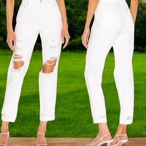 Pistola boyfriend distressed busted knees high rise white jeans new NWT W30